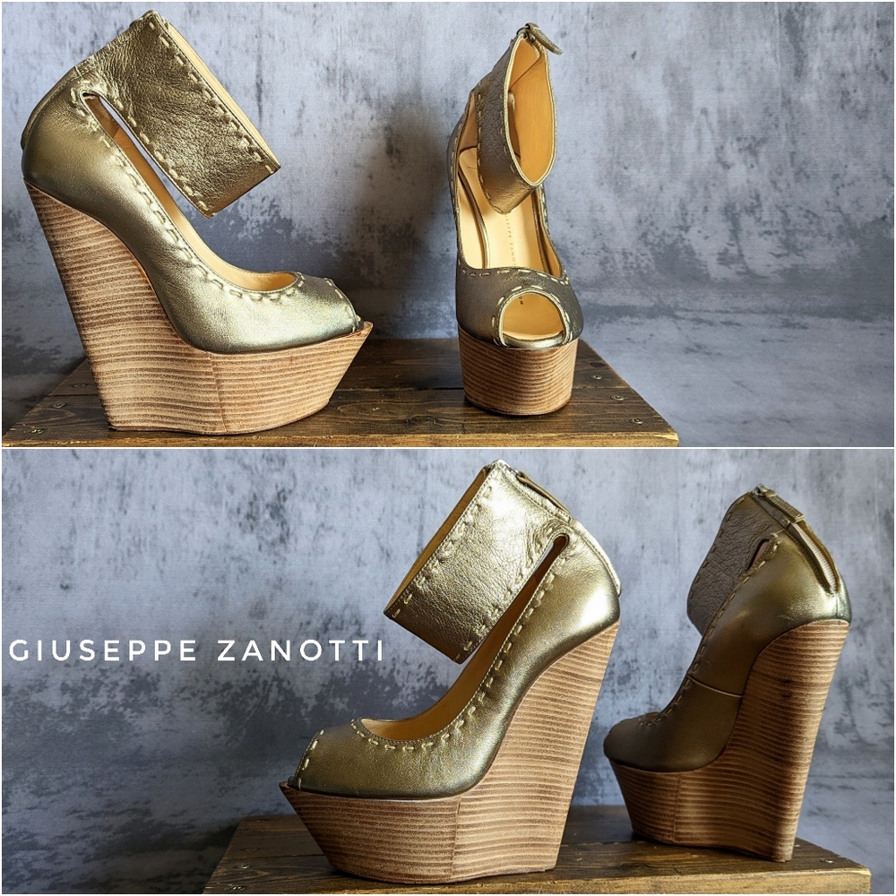 Giuseppe Zanotti metallic leather platform wedge, size 37, US 7